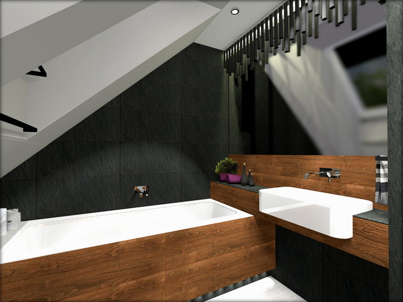 łazienka z drewnem, łazienka czarno brązowa, 2 piętro 1